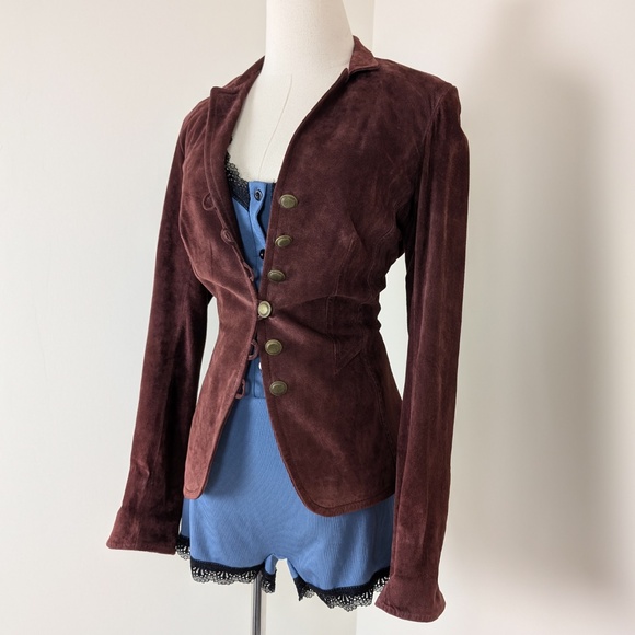Danier Burgundy Leather Suede Jacket Bolero Steampunk Long Sleeve Blazer Maroon - Picture 3 of 11